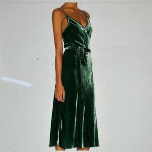 Frame Denim Eden Green (Small) Crushed Velvet Silk V-Neck Midi Slip Dress